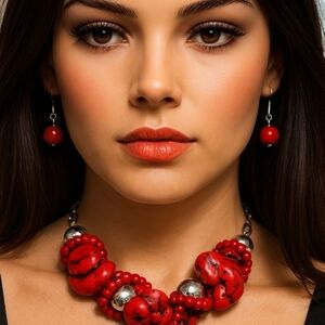 Women's Silver & Red Beaded Twisted Design Necklace W/Earrings 24-inch Jewelry